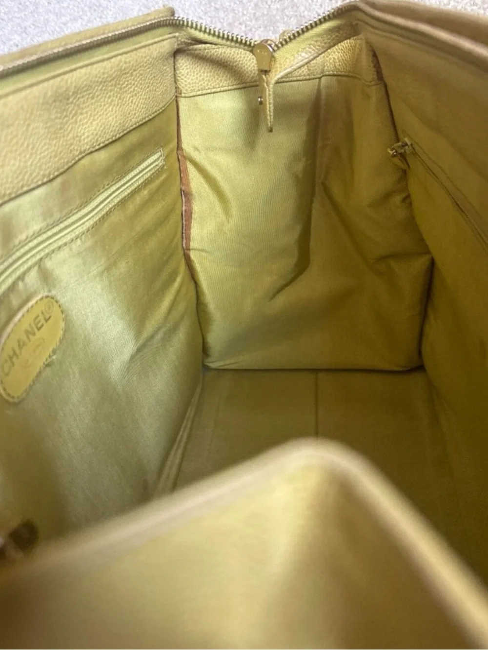Vintage Chanel Olive Green Caviar Leather CC Logo Shoulder Tote Bag